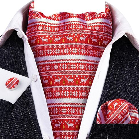 Men Ascot Cravat Christmas Light Red White Tie Pocket Square Cufflinks Handkerchief Set Silk Woven Necktie in Saudi Arabia