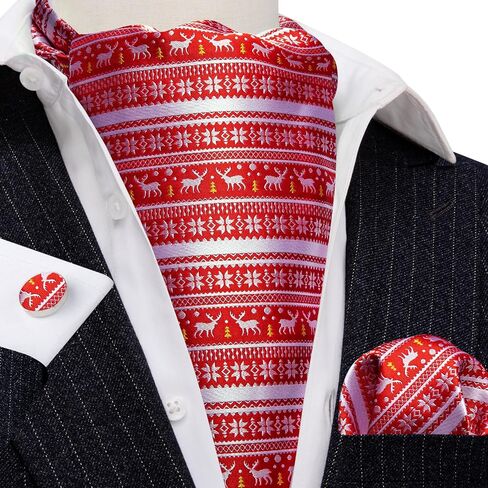 Men Ascot Cravat Christmas Light Red White Tie Pocket Square Cufflinks Handkerchief Set Silk Woven Necktie in Saudi Arabia