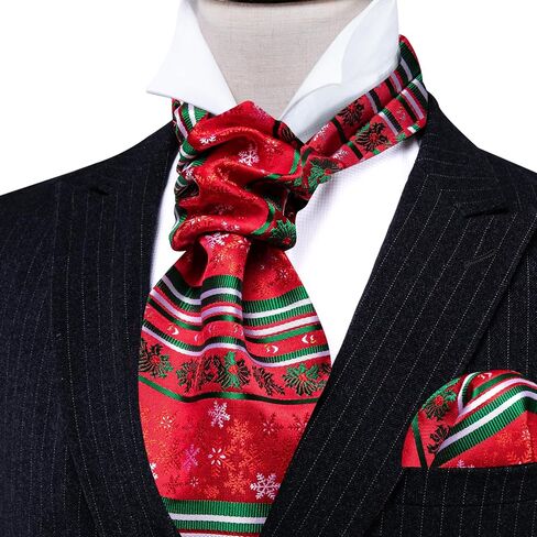 Men Ascot Cravat Christmas Red Green Snoeflake Tie Pocket Square Cufflinks Handkerchief Set Silk Woven Necktie in Saudi Arabia