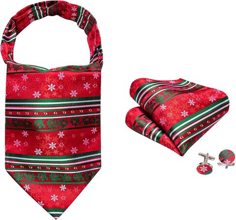 Men Ascot Cravat Christmas Red Green Snoeflake Tie Pocket Square Cufflinks Handkerchief Set Silk Woven Necktie in Saudi Arabia