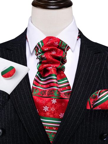 Men Ascot Cravat Christmas Red Green Snoeflake Tie Pocket Square Cufflinks Handkerchief Set Silk Woven Necktie in Saudi Arabia