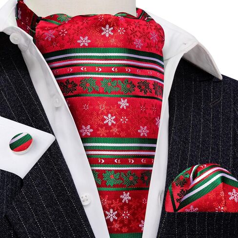 Men Ascot Cravat Christmas Red Green Snoeflake Tie Pocket Square Cufflinks Handkerchief Set Silk Woven Necktie in Saudi Arabia
