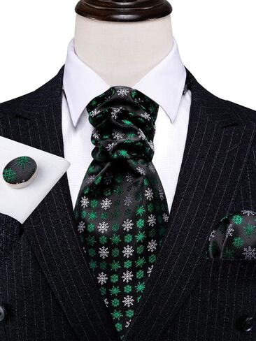 Men Ascot Cravat Christmas Black Green Snowflake Tie Pocket Square Cufflinks Handkerchief Set Silk Woven Necktie in Saudi Arabia