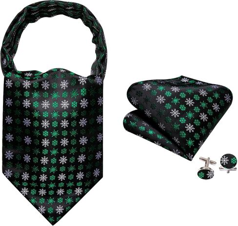 Men Ascot Cravat Christmas Black Green Snowflake Tie Pocket Square Cufflinks Handkerchief Set Silk Woven Necktie in Saudi Arabia