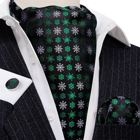 Men Ascot Cravat Christmas Black Green Snowflake Tie Pocket Square Cufflinks Handkerchief Set Silk Woven Necktie in Saudi Arabia