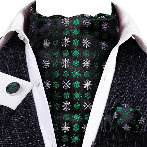 Men Ascot Cravat Christmas Black Green Snowflake Tie Pocket Square Cufflinks Handkerchief Set Silk Woven Necktie in Saudi Arabia
