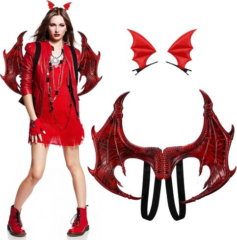2 PCS Halloween Red Dragon Wings with Wings Clips Hair Clips Demon Devil Costume Assories for Women Comple Halloween Masquerade Party Cosplay Props in Saudi Arabia