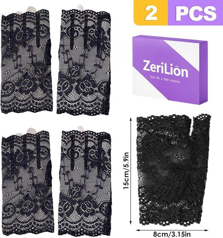 2 Pairs Black Lace Fingerless Gloves for Women | Elegant Victorian Style Wrist Cuffs for Wedding, Bridal, Formal Events & Tea Party | Short Vintage Fashion Accessory in Saudi Arabia
