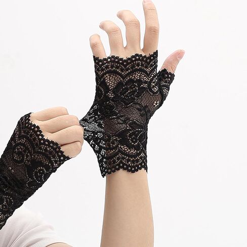 2 Pairs Black Lace Fingerless Gloves for Women | Elegant Victorian Style Wrist Cuffs for Wedding, Bridal, Formal Events & Tea Party | Short Vintage Fashion Accessory in Saudi Arabia
