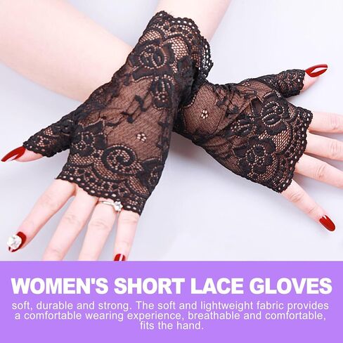 2 Pairs Black Lace Fingerless Gloves for Women | Elegant Victorian Style Wrist Cuffs for Wedding, Bridal, Formal Events & Tea Party | Short Vintage Fashion Accessory in Saudi Arabia