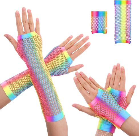 2 Pairs Stretchy Mesh Fishnet Fingerless Gloves Rainbow Fishnets for Women Girls Theme Party Costume Accessory Halloween in Kuwait
