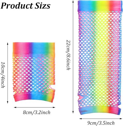 2 Pairs Stretchy Mesh Fishnet Fingerless Gloves Rainbow Fishnets for Women Girls Theme Party Costume Accessory Halloween in Kuwait