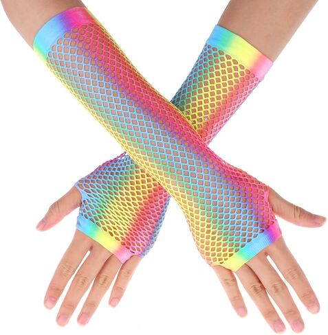 2 Pairs Stretchy Mesh Fishnet Fingerless Gloves Rainbow Fishnets for Women Girls Theme Party Costume Accessory Halloween in Kuwait