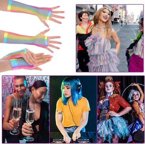 2 Pairs Stretchy Mesh Fishnet Fingerless Gloves Rainbow Fishnets for Women Girls Theme Party Costume Accessory Halloween in Kuwait