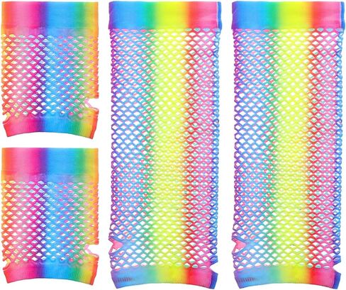 2 Pairs Stretchy Mesh Fishnet Fingerless Gloves Rainbow Fishnets for Women Girls Theme Party Costume Accessory Halloween in Kuwait