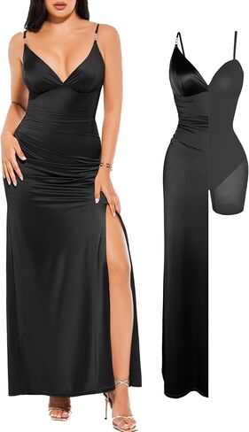 Popilush Women's Sexy Maxi Dress Deep V Neck Ruched Shapewear Dresses Side Slit Formal Cocktail Party Dress in Saudi Arabia