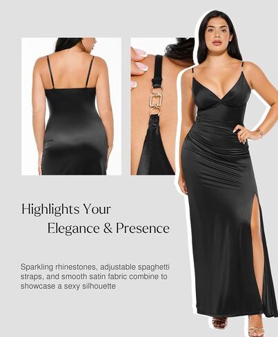 Popilush Women's Sexy Maxi Dress Deep V Neck Ruched Shapewear Dresses Side Slit Formal Cocktail Party Dress in Saudi Arabia