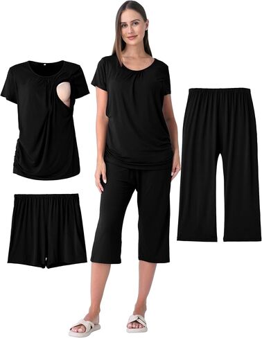 3 Piece Maternity Nursing Pajamas Set for Women Breastfeeding Shirts Pjs Postpartum Shorts&Capri Pants Pockets in Saudi Arabia