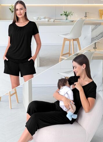 3 Piece Maternity Nursing Pajamas Set for Women Breastfeeding Shirts Pjs Postpartum Shorts&Capri Pants Pockets in Saudi Arabia