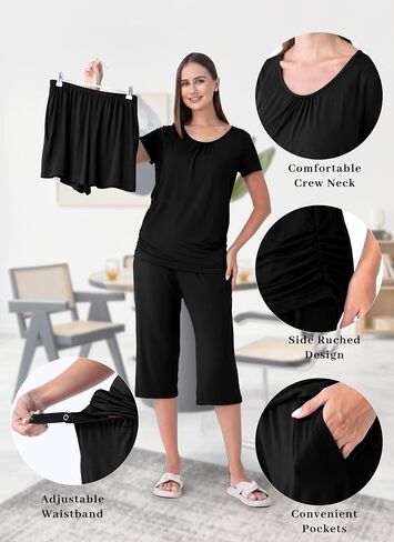 3 Piece Maternity Nursing Pajamas Set for Women Breastfeeding Shirts Pjs Postpartum Shorts&Capri Pants Pockets in Saudi Arabia
