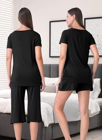3 Piece Maternity Nursing Pajamas Set for Women Breastfeeding Shirts Pjs Postpartum Shorts&Capri Pants Pockets in Saudi Arabia