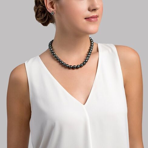 The Pearl Source 14K Gold 9-11mm AAAA Quality Round Genuine Black Tahitian South Sea Cultured Pearl Necklace in 17" Princess Length for Women in Saudi Arabia