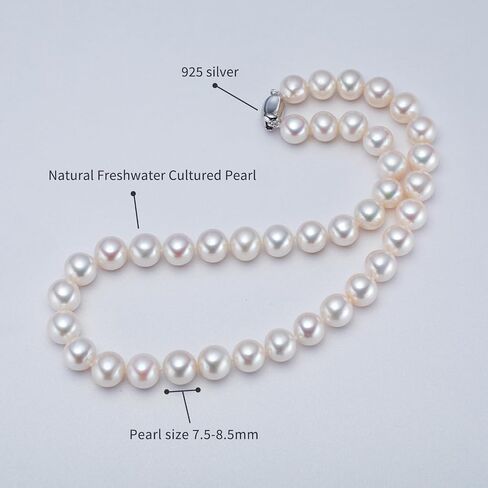 17 Inch Pearl Necklace for Women, 7.5-8.5 mm Each, Real Cultured Round White Freshwater Pearl Necklace Silver 925 Clasp Lady Mom Her Jewelry in Saudi Arabia