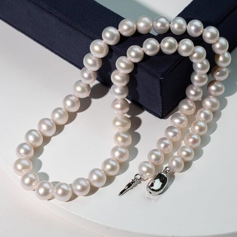 17 Inch Pearl Necklace for Women, 7.5-8.5 mm Each, Real Cultured Round White Freshwater Pearl Necklace Silver 925 Clasp Lady Mom Her Jewelry in Saudi Arabia