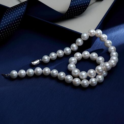 17 Inch Pearl Necklace for Women, 7.5-8.5 mm Each, Real Cultured Round White Freshwater Pearl Necklace Silver 925 Clasp Lady Mom Her Jewelry in Saudi Arabia