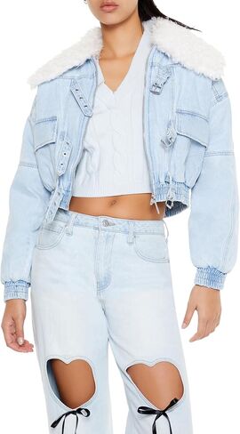 Forever 21 Women's Faux Shearling Denim Bomber Jacket in Saudi Arabia