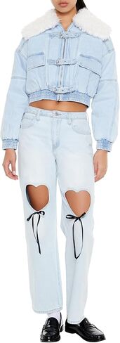 Forever 21 Women's Faux Shearling Denim Bomber Jacket in Saudi Arabia