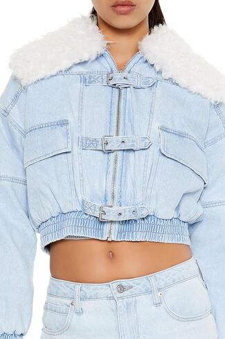 Forever 21 Women's Faux Shearling Denim Bomber Jacket in Saudi Arabia