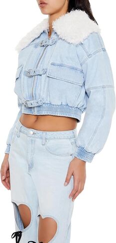 Forever 21 Women's Faux Shearling Denim Bomber Jacket in Saudi Arabia
