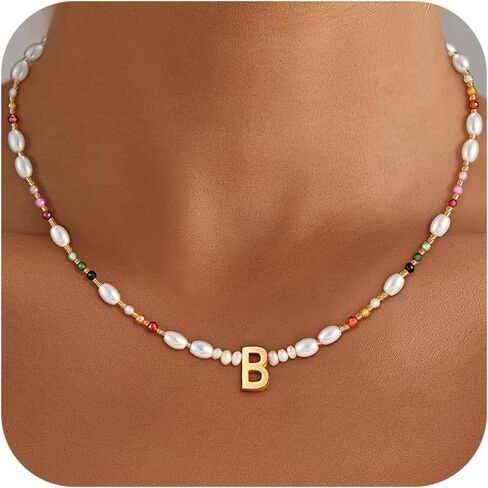 Beaded Initial Necklaces for Women Girls Kids, Dainty Pearl Letter Necklace Teen Girl Gifts Trendy Stuff Cute Colorful Summer Beach Jewelry Necklace Personalized Birthday Gifts for Women Girls in Kuwait
