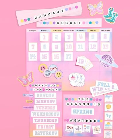 XO ، Fetti Eras Bulletin Board Set ، 79 قطعة | تقويم مراكز الفصل الدراسي ، زخارف الطقس ، علامة اليوم المدرسي الوردي ، أيام الأسبوع ، مستلزمات مدرس سوار الصداقة in Saudi Arabia