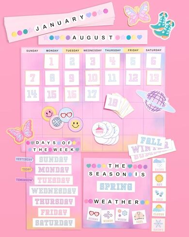 XO ، Fetti Eras Bulletin Board Set ، 79 قطعة | تقويم مراكز الفصل الدراسي ، زخارف الطقس ، علامة اليوم المدرسي الوردي ، أيام الأسبوع ، مستلزمات مدرس سوار الصداقة in Saudi Arabia