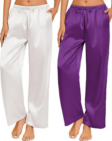 Ekouaer 2 Pack Womens Satin Pajama Pants Silk Sleep Lounge Pants Loose Pj Bottom with Pockets in Saudi Arabia