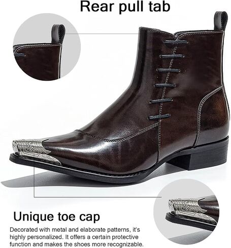 Men's Western Pointed Toe Ankle Boots with Metal Toe Cap Side Zipper Dress Boots in Saudi Arabia