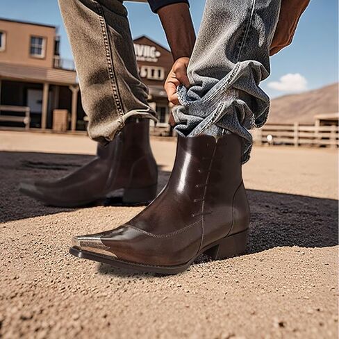 Men's Western Pointed Toe Ankle Boots with Metal Toe Cap Side Zipper Dress Boots in Saudi Arabia