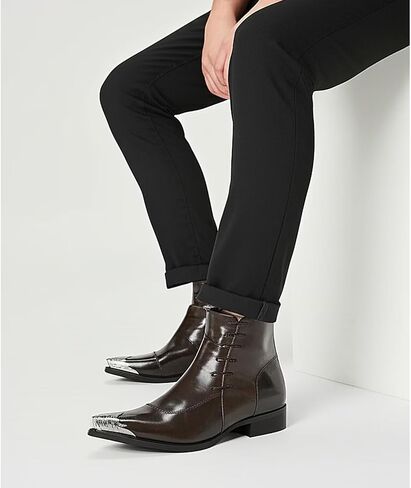Men's Western Pointed Toe Ankle Boots with Metal Toe Cap Side Zipper Dress Boots in Saudi Arabia
