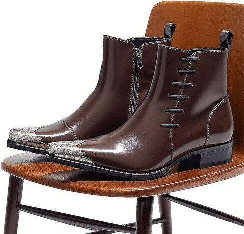 Men's Western Pointed Toe Ankle Boots with Metal Toe Cap Side Zipper Dress Boots in Saudi Arabia