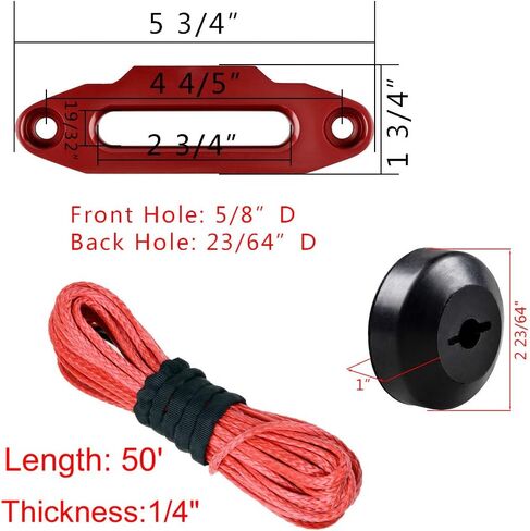 Set Red 50ft x 1/4 inch Strong Durable Synthetic Winch Rope Line 6400LBS with Rubber Stopper and 4 4/5 inch CNC Aluminum Hawse Fairlead for Recovery UTV ATV in Saudi Arabia