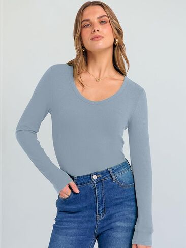 ANRABESS Long Sleeve Shirts for Women V Neck Ribbed Knit Fitted Fall Basic Tshirts Going Out Tops 2025 Casual Trendy Clothes in Saudi Arabia