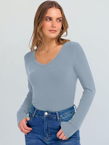 ANRABESS Long Sleeve Shirts for Women V Neck Ribbed Knit Fitted Fall Basic Tshirts Going Out Tops 2025 Casual Trendy Clothes in Saudi Arabia