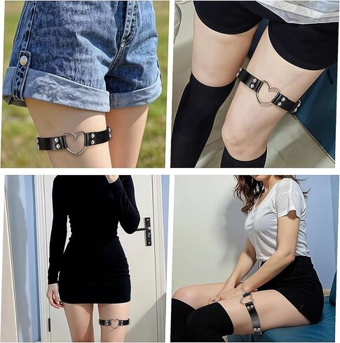 2Pcs Leather Heart Garter Adjustable Punk Rock Leather Thigh Garter Belt Adjustable Leg Ring for Women, Black in Kuwait