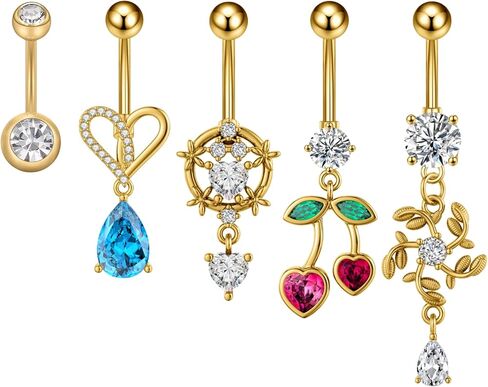 Gold Belly Button Rings for Women, 5PCS Dangle Belly Rings Set with Heart, Moon, Butterfly, Zircon Charms, Stainless Steel Belly Piercing Jewelry in Saudi Arabia