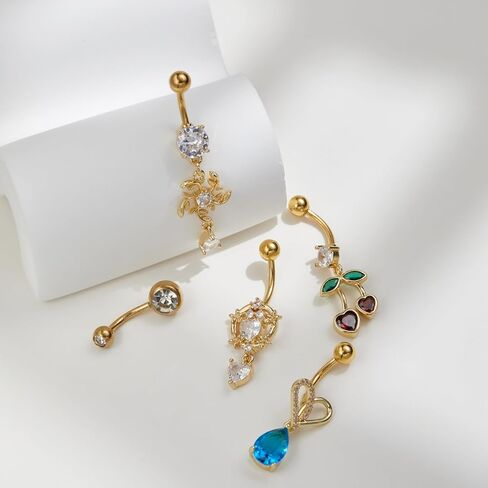 Gold Belly Button Rings for Women, 5PCS Dangle Belly Rings Set with Heart, Moon, Butterfly, Zircon Charms, Stainless Steel Belly Piercing Jewelry in Saudi Arabia