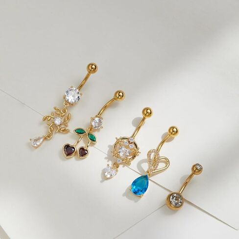 Gold Belly Button Rings for Women, 5PCS Dangle Belly Rings Set with Heart, Moon, Butterfly, Zircon Charms, Stainless Steel Belly Piercing Jewelry in Saudi Arabia
