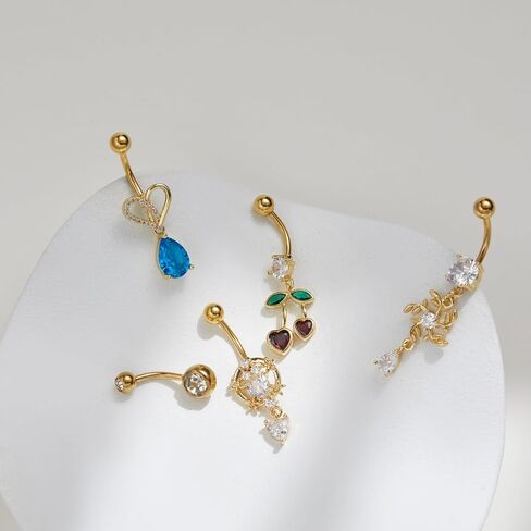 Gold Belly Button Rings for Women, 5PCS Dangle Belly Rings Set with Heart, Moon, Butterfly, Zircon Charms, Stainless Steel Belly Piercing Jewelry in Saudi Arabia