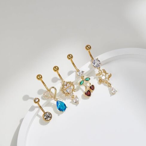 Gold Belly Button Rings for Women, 5PCS Dangle Belly Rings Set with Heart, Moon, Butterfly, Zircon Charms, Stainless Steel Belly Piercing Jewelry in Saudi Arabia